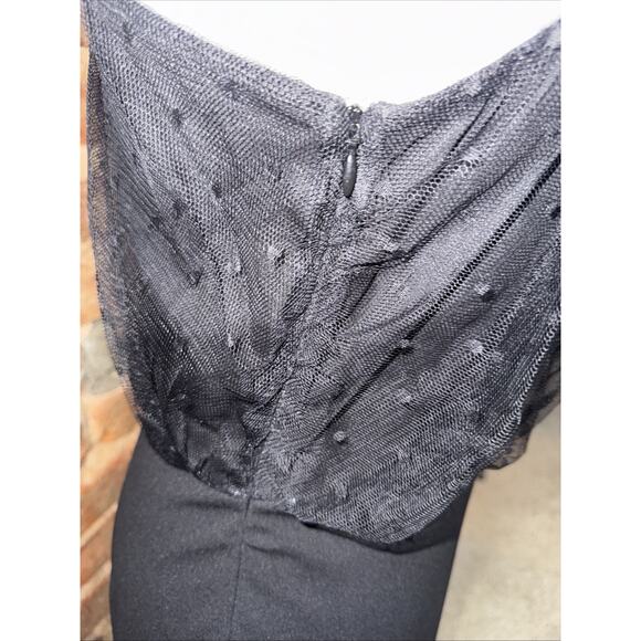 Express Black Mesh Polka Dot One Shoulder Bow Midi Sheath Dress Sz M Holiday - Picture 7 of 9